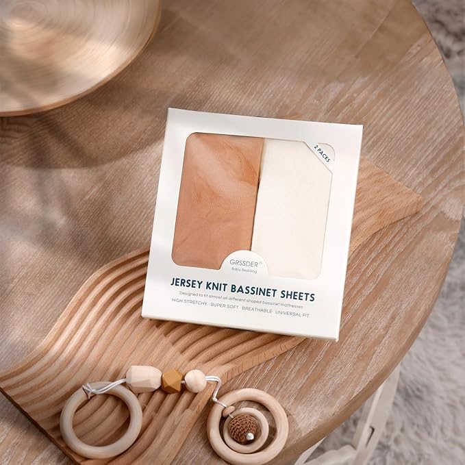 GRSSDER Stretchy Ultra Soft Fitted Bassinet Sheet 2 Pack, Universal Fit for Bassinets Baby Cradle Moses Basket Oval Rectangle Mattress Safe and Snug, Jersey Bassinet Sheets for Girls, Cream/Orange