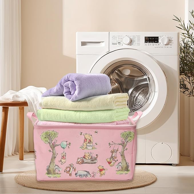 Winnie Storage Nursery Basket, Large Square Canvas Laundry Hamper With A Waterproof PE Coating, Foldable,Bathroom and Bedroom Set, Clothes ,Toys Bin, baby Nursery Hamper Decor(Pink)