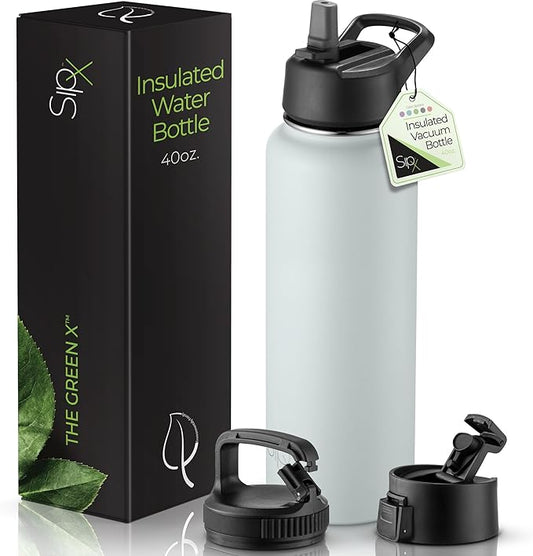 SipX™ Triple-Insulated Stainless Steel Water Bottle 40oz. With 3 Lids, BPA-Free Reusable Insulated Water Bottle Keeps Cold 24 Hours, Metal Water Bottle Made Of Sustainable Material For Hiking & Biking