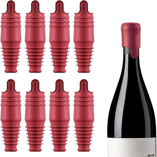 Silicone Wine Stopper Reusable Wine Bottle Stopper, 8Pcs Champagne Stoppers for Bottles, Food Grade Rubber Wine Stoppers for Wine Bottles (Red)