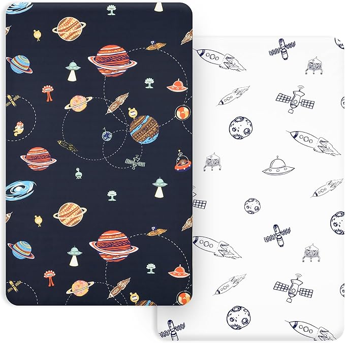 PHF Soft Mini Crib Sheet Set, 2 Pack Silky Comfy Pack N Play Sheets for Boys Girls, Universal Fit for Pack N Play, Playard and Mini Crib Mattresses, Space