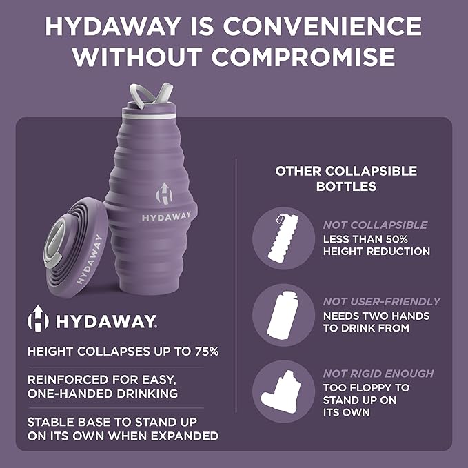 HYDAWAY Collapsible Water Bottle - 25oz I Reusable Water Bottle with Flip Top Lid for Travel, Hiking, Backpacking I Portable & Leakproof, Food-Grade Silicone, BPA Free, Collapses to 1.5”