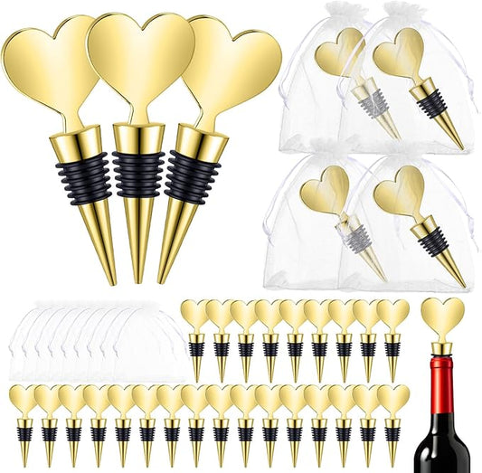 Blank Heart Shape Wine Stopper Stainless Steel Beer Stopper Blank Board Stopper with White Sheer Organza Bags Wedding Favor for Guests Wine Party Gifts Bridal Shower(Gold,36 Sets)
