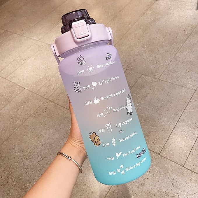 Motivational BPA Free Water Jug with Handle 2L Large Capacity Matte Water Bottle Kettle with Time Marker Straw for Sports Fitness