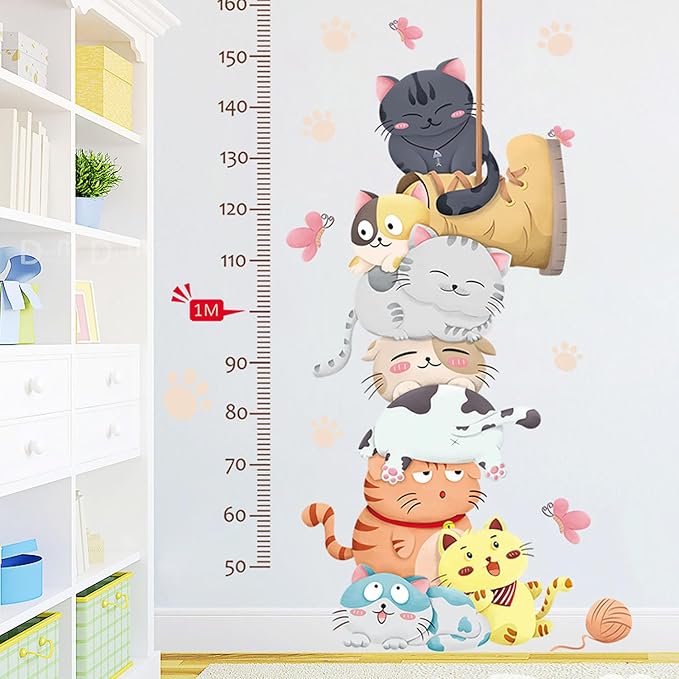 Height Measurement Growth Chart Wall Stickers Cartoon Cute Cat Wall Decals Peel and Stick Removable Wall Stickers for Kids Nursery Bedroom Living Room Decor