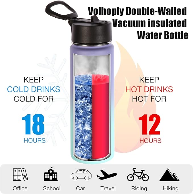 Volhoply 24oz Insulated Water Bottle With Straw Bulk 6 Pack,Metal Wide Mouth Water Bottles With Handle Keep Cold,Reusable Double Wall Thermos,Powder Coated Sport Bottle For Holder(Purple Blue,6 Count)