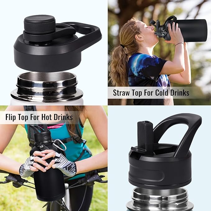 Gallon Water Bottle with Straw&Spout Lid, 128oz Stainless Steel Water Jug with Handle and Wide Mouth, One Gallon Vacuum Double Walled Jug for Sports, Outdoors, Leak-Proof. Black 128oz