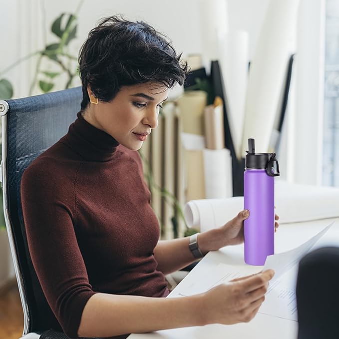 Volhoply 24oz Insulated Water Bottle With Straw Bulk 6 Pack,Metal Wide Mouth Water Bottles With Handle Lid Keep Cold,Reusable Double Wall Thermos,Powder Coated Sport Bottle For Holder(Purple,6 Count)