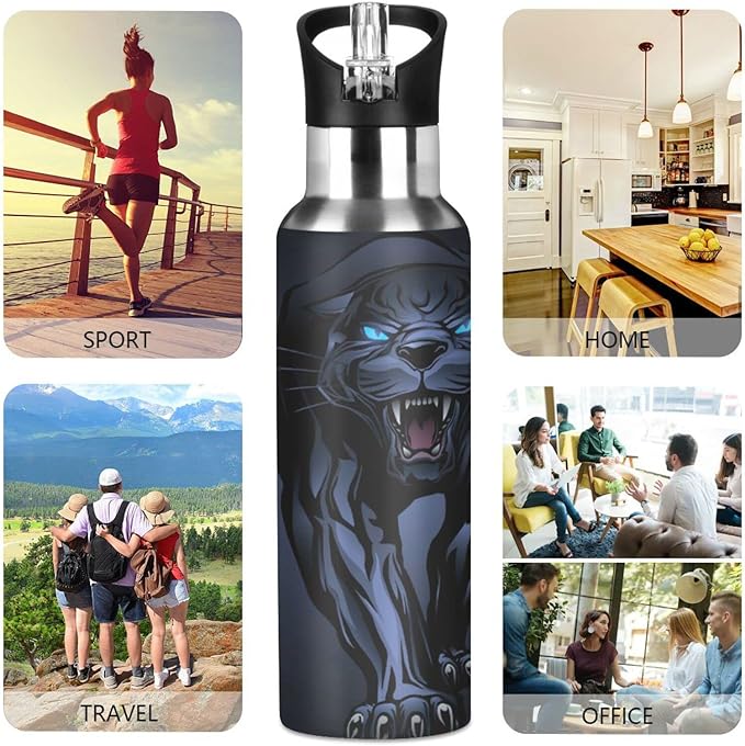 senya 20 Oz Water Bottle with Straw Roaring Black Panther Stainless Steel Water Bottle for Traveling Sports Leakproof Insulated Water Bottle