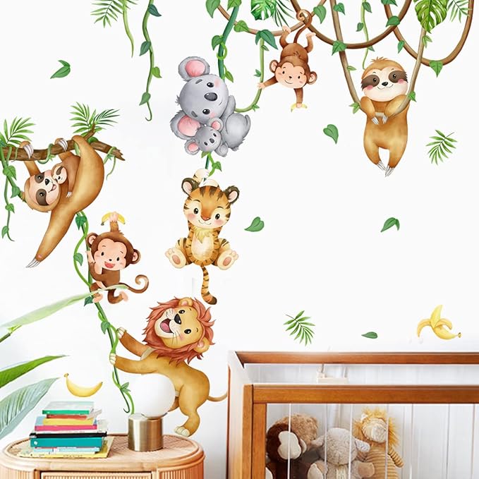 Lion Monkey Sloth Koala Tiger Wall Stickers Jungle Animals Climbing Tree Wall Decals Peel and Stick Wall Art Decals for Kids Bedroom Baby Nursery Living Room Playroom Boys Girls Bedroom