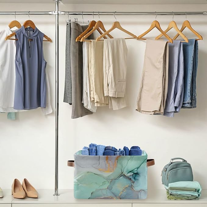 Green Tie Dye Storage Basket Fabric Storage Bin Laundry Baskets Marble Turquoise Foldable Storage Boxes Organizer Bag for Baby Cloth Dog Toy Book Storage Cubes Shelf Closet Basket 16×12×8 Inches