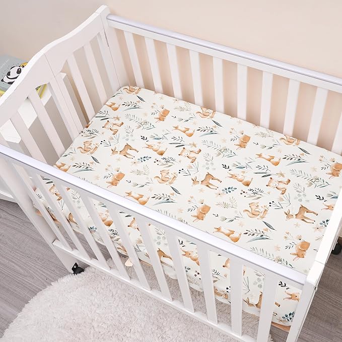 PHF Soft Mini Crib Sheet Set, 2 Pack Silky Comfy Pack N Play Sheets for Boys Girls, Universal Fit for Pack N Play, Playard and Mini Crib Mattresses, Woodland