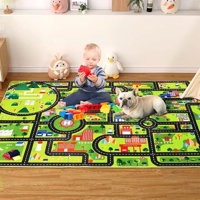 Kids Playmat City Life Carpet Playmat 3x5 Ft Town City Road Map Car Mat Play Mat Educational Learning Thick Carpet Soft Non Slip Area Rug Kids Girls Toddler Children Bedroom Nursery Room,Black
