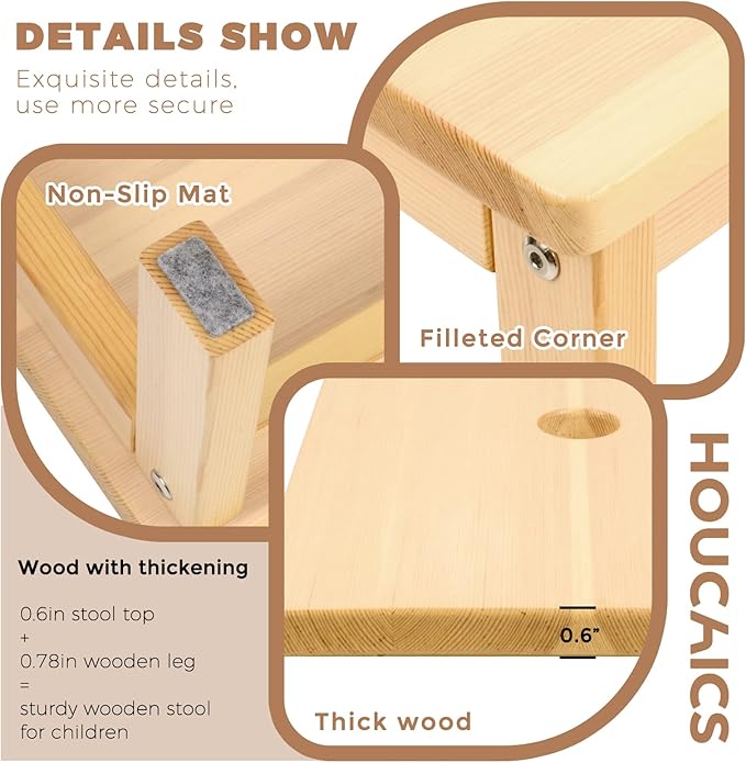 HOUCHICS Wooden Step Stool for Kids,Solid Birch for Kitchen Bedroom Living Room Bathroom Toilet Nursery Toddlers Potty Training Stool with Non-Slip Pads and 220lb Load Capacity (Wooden