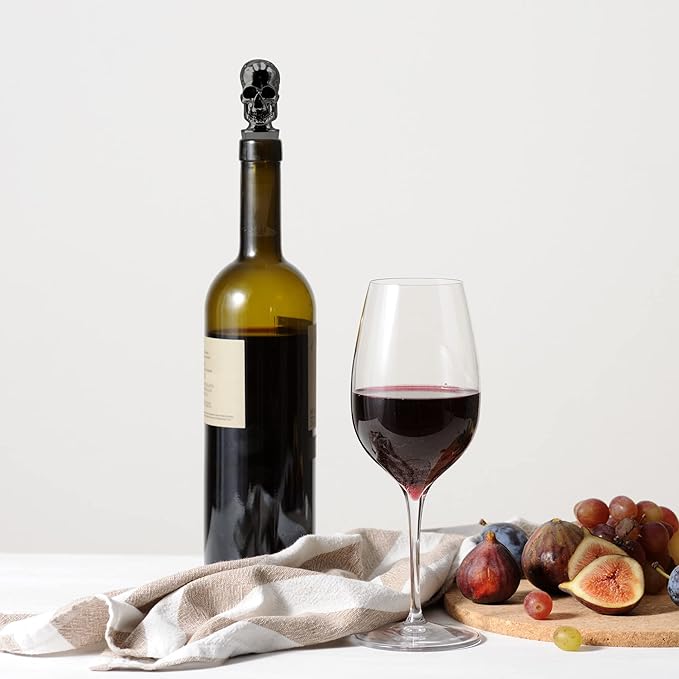 Homestia Wine Bottle Stoppers for Glass Bottles, Skull Bottle Stopper Reusable Wine Corks Black Wine Tool, Zinc-Alloy Silicone Wine Stoppers, Wine Toppers with Decors