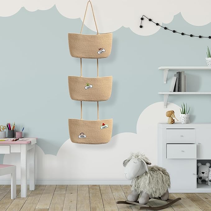 TeoKJ Over the Door Hanging Basket, 3-Tier Woven Cotton Wall-Mounted Storage Organizer Bag Decorative with Self Adhesive Write-On Sticker Hanging Nursery Baskets - Jute