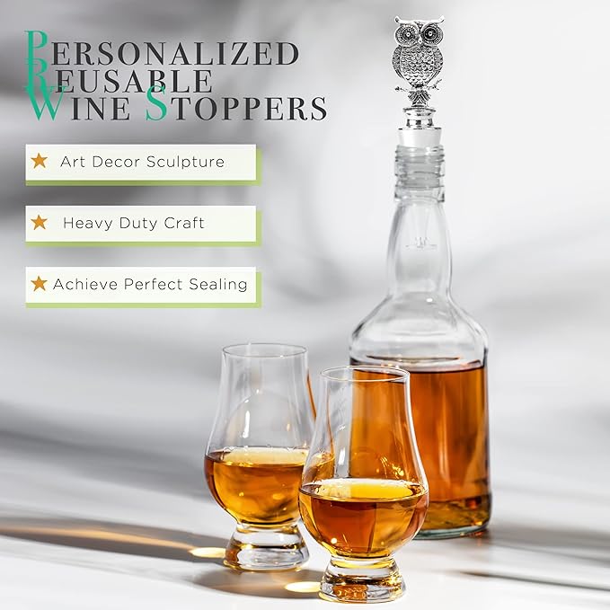 Homestia Wine Bottle Stoppers for Glass Bottles, Owl Bottle Stopper Reusable Wine Corks Wine Tool, Zinc-Alloy Silicone Wine Stoppers, Wine Toppers with Decors