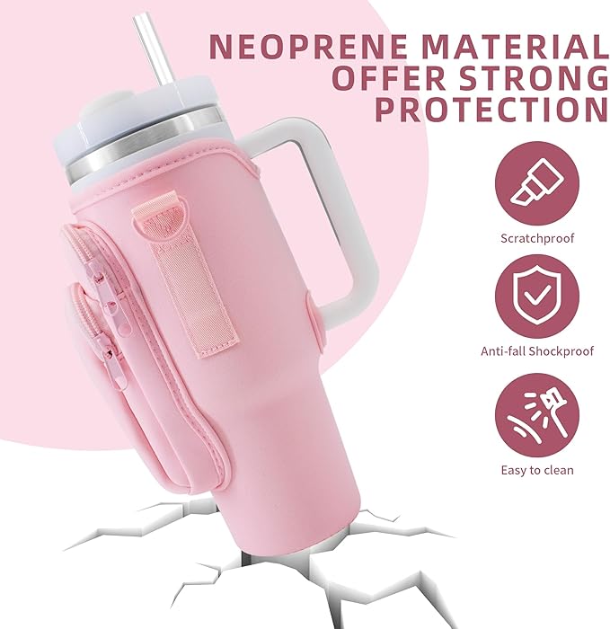 Water Bottle Carrier Bag with Phone Pocket for Stanley 40 oz Tumbler Neoprene Water Bottle Holder Pouch with Adjustable Strap Bollus with Straw Cover & Carabiner for Stanley Cup Accessories