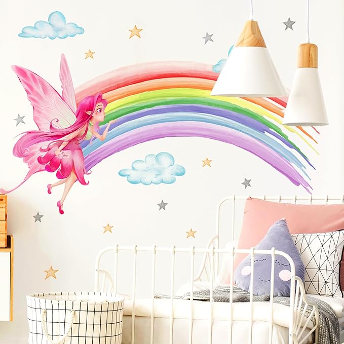Rainbow & Fairy Wall Decals - 2 Sheets, 30x90cm Each, Perfect for Kids' Room Decor