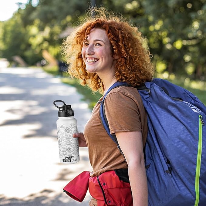 National Parks Water Bottle with Stickers and Straw,32oz Double Wall Vacuum Wide Mouth Insulated Water Bottle for Travel,BPA-free and Leak-proof (32oz,White)