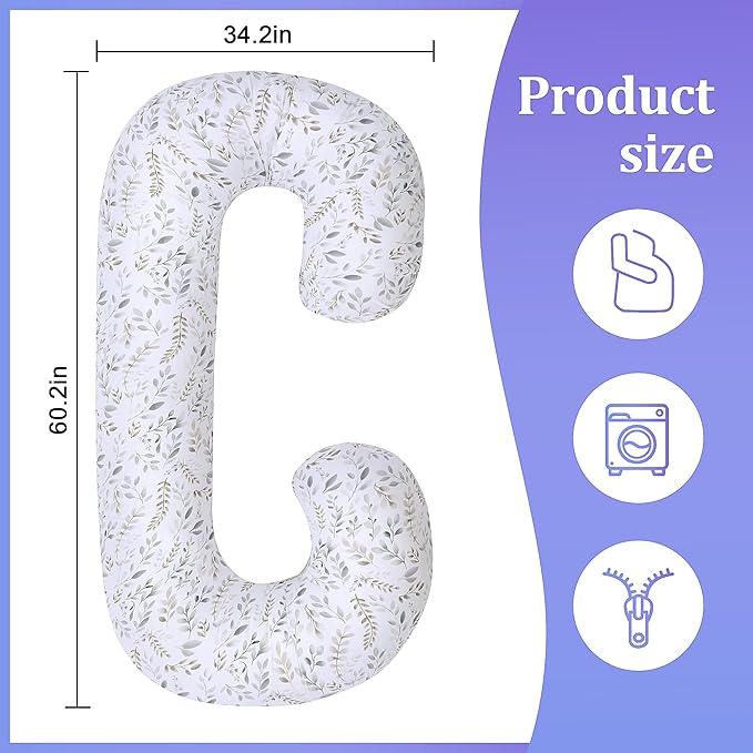 Floral Soft Pregnancy Pillow Cover (ONLY Pillowcase), C Shaped Luxurious Velvet Maternity Pillow Cover with Hidden Zip, Warm Large Pillow Protector for Side Sleeper, White, 60x34 in