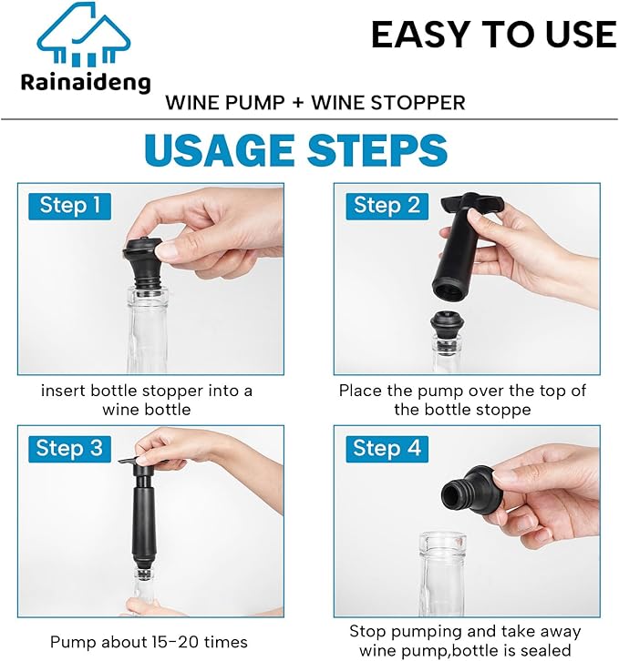 Wine Saver Pump with 6 Vacuum Stoppers，Wine Stopper, Wine Preserver, Wine Pump and Wine Vacuum Stopper are Black，Reusable Bottle Sealer Keeps Wine Fresh, Ideal Wine Accessories Gift