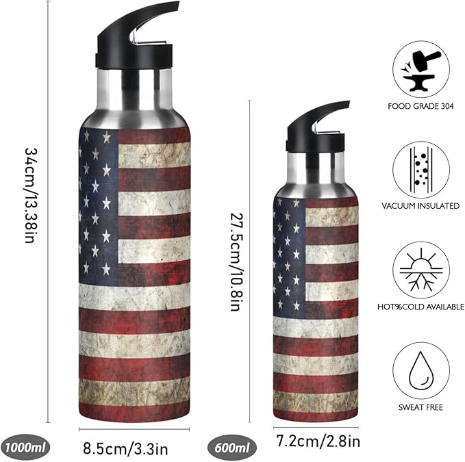 ALAZA American Flag Patriotic Water Bottle With Straw Lids Boys Girls,Vacuum Insulated Leakproof Stainless-Steel Sports Bottle Thermal Flask For Gym Yoga Camping,20Oz (600Ml)
