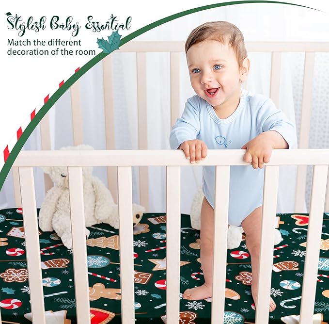 JISEN Christmas Crib Sheet Gingerbread Fitted Crib Sheet for Boys Girls Crib Mattress Cover Baby Sheet for Standard Crib and Toddler Mattress Soft Breathable Baby Bed Sheet for Neutral 52x28 Inch