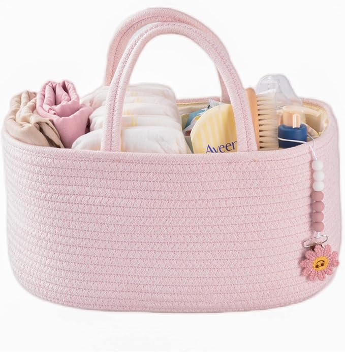 Baby Diaper Caddy Organizer for Girl Boy Rope Nursery Storage Bin Basket Portable Holder Tote Bag for Changing Table Car Travel Baby Shower Gifts Newborn Essentials Registry Must Have Items Pink