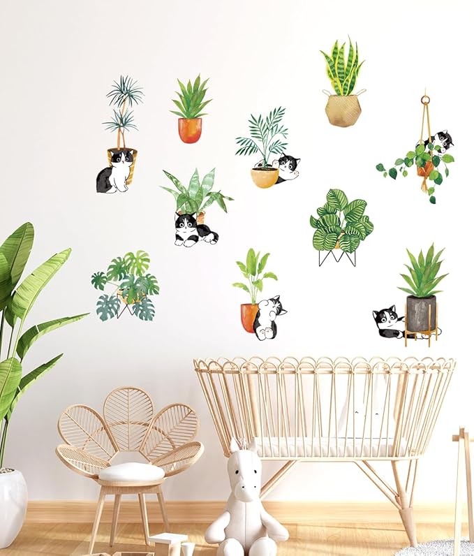 Green Potted Plants Cats Window Clings Wall Decals Peel and Stick Plants Wall Decal Stickers for Bedroom Living Room Wall Stickers Nursery Office Apartment Jungle Party Decor 480, CY480A