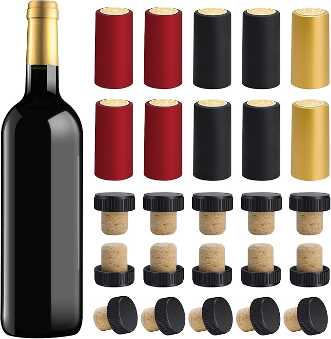 50pcs Wine Bottle Cork Stopper with 50pcs Black Plastic Top, Gold, Red and Black PVC Heat Shrink Capsules, T-Shape Wine Corks and Wine Bottle Seals Shrink Caps for Wine