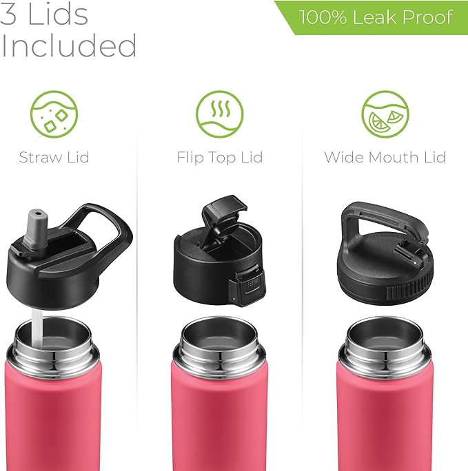 SipX™ Triple-Insulated Stainless Steel Water Bottle 18oz. With 3 Lids, BPA-Free Reusable Insulated Water Bottle Keeps Cold 24 Hours, Metal Water Bottle Made Of Sustainable Material For Hiking & Biking