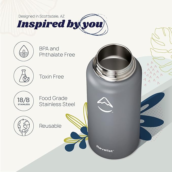Revelist Sports Water Bottle - 32 Oz, 3 Lids (Straw Lid, Spout & Screw Top) with Boot, Vacuum Insulated Stainless Steel, Double Walled, Reusable Water Flask, Metal Canteen - Slate Grey