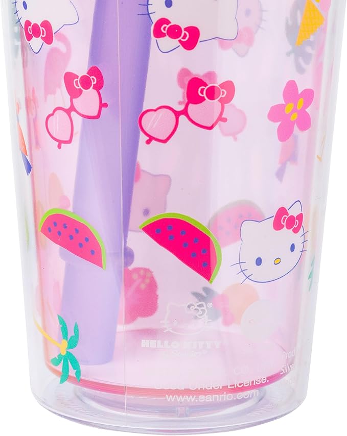 Silver Buffalo Sanrio Hello Kitty Tropical Summer Plastic Boba Tumbler with Lid and Wide Straw, 24 Ounces