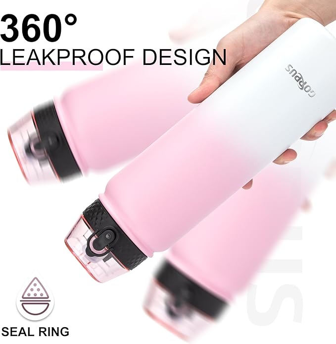 GOPPUS 32 oz Sports Water Bottle 1 Liter Double Wall Insulated Stainless Steel Water Bottles with Straw Lid Reusable Leak proof Metal water bottles with Strap Handle(Pink White 1 lid)