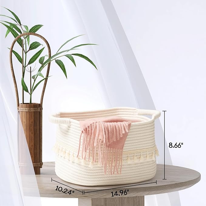 TeoKJ White Cotton Ropen Baskets for Storage, Set of 3 Woven Clothes Basket for Organizing and Storage, Blanket Basket for Living Room Laundry Bathroom Shelves