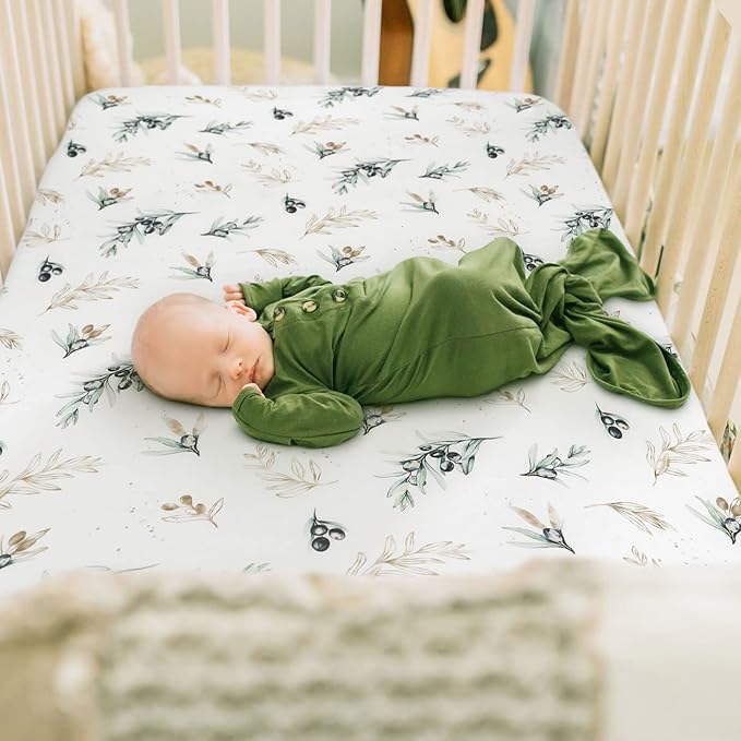 GRSSDER Stretchy Ultra Soft Jersey Knit Fitted Crib Sheets Set 2 Pack, Fits All Standard Crib Mattress Pads Safe and Snug, Stylish Botanical Olive for Baby