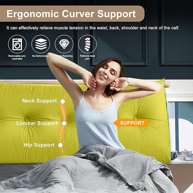 Large Triangular Headboard Pillows Long Backrest Positioning Support Bolster Cushion for Daybed Fluffy Quality Plush Body Wedge Pillow with Removable Cover(Yellow Green-Cal King-71x8x20 in)