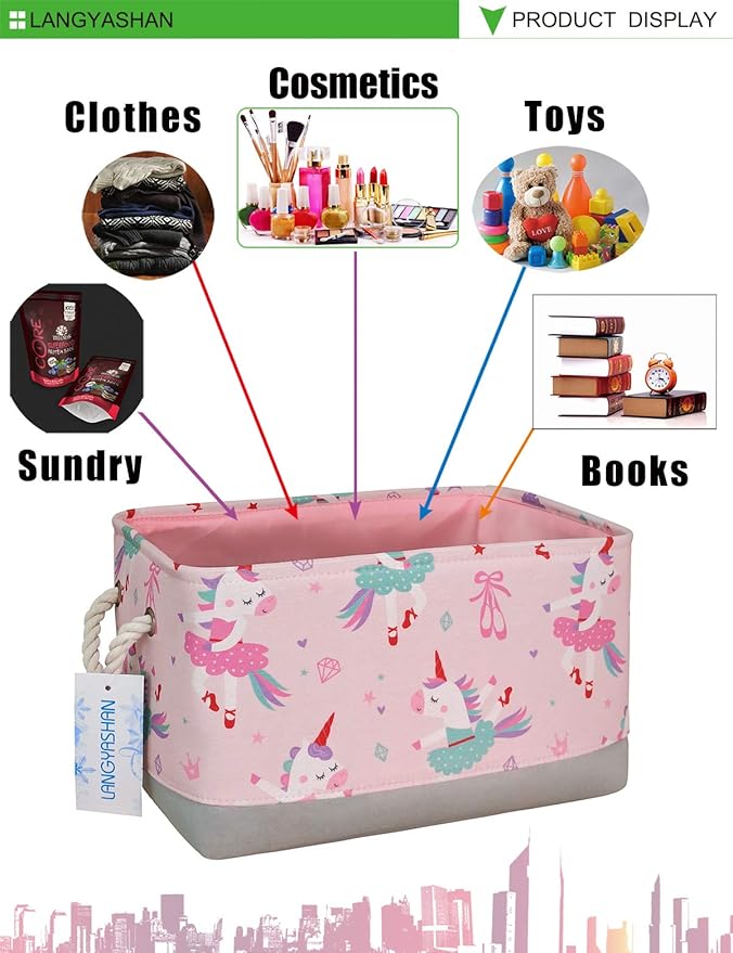 LANGYASHAN Rectangular Storage Bin Collapse Canvas Fabric Cartoon Storage Basket with Handles for Organizing Home Kitchen Boys and Girls Toys Office Closet Shelf Baskets(Rec Pink Dancing Unicorn)