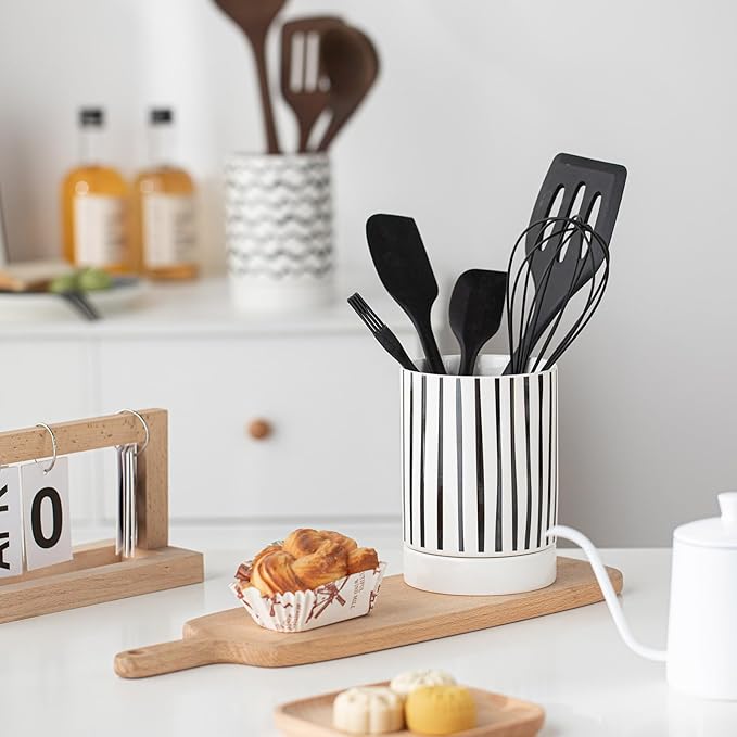Small Utensil Holder for Kitchen Counter 4.1 x 6 Inches Ceramic Cooking Utensil Crocks Countertop Organizer Vintage Farmhouse Kitchen Decor Caddy,Stripe