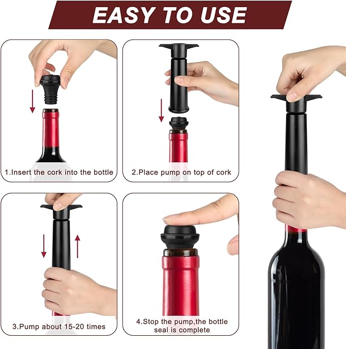 Wine Saver Pump with 4 Vacuum Stoppers, Wine Preserver for Wine Bottles, Reusable Bottle Sealer Keeps Wine Fresh