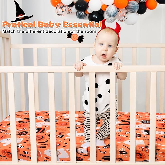 JISEN Halloween Crib Sheet Pumpkins Fitted Crib Sheet for Boys Girls Crib Mattress Cover Baby Sheet for Standard Crib and Toddler Mattress Soft Breathable Baby Bed Sheet for Neutral 52x28 Inch Ghosts