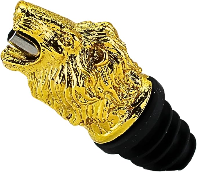 Wine & Olive Oil Pourer | Gold Color Stainless Steel | Bottle Stopper Aerator for Whiskey and Liquor | Decanter and Bar Tools Accessories and Gift Set Ideas for Her and Him (LION)
