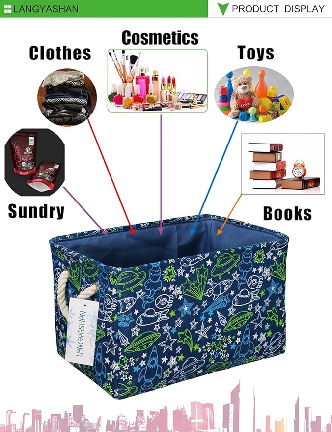 LANGYASHAN Rectangular Storage Bin Collapse Canvas Fabric Cartoon Storage Basket with Handles for Organizing Home Kitchen Boys and Girls Toys Office Closet Shelf Baskets (Full Spaceship)