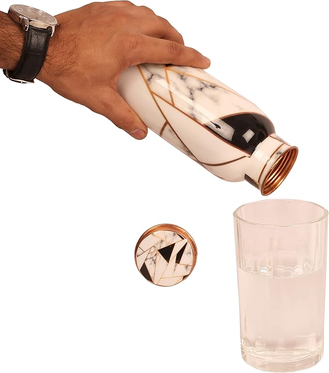 Pure Copper Water Bottle - Handcrafted - Ayurveda health benefits - Large 35 oz - Leak proof, Easy to carry for Sports, Fitness, Yoga, School- Royal Finish White Golden Black Mosaic Enamel