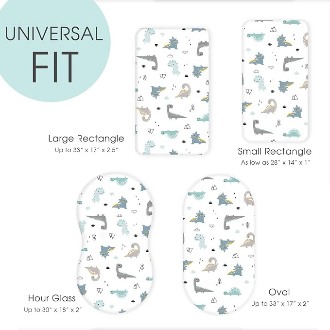 GRSSDER Stretchy Ultra Soft Fitted Bassinet Sheet Set 2 Pack, Universal Fit for Bassinets Baby Cradle Moses Basket Oval Rectangle Pad/Mattress, Happy Dinosaurs Bassinet Sheets for Girls and Boys