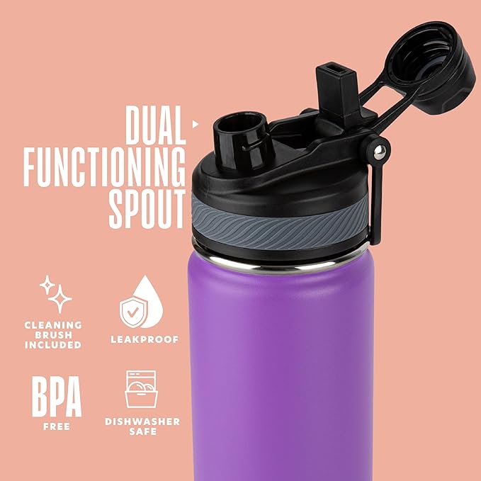Insulated Water Bottle with Straw and Handle 22 oz-Stainless Steel Water Bottles with Straw, Dual Cap Function & Sleeve, Keeps Drinks Hot Up to 12 Hours & Cold Up to 24 Hours (Purple)