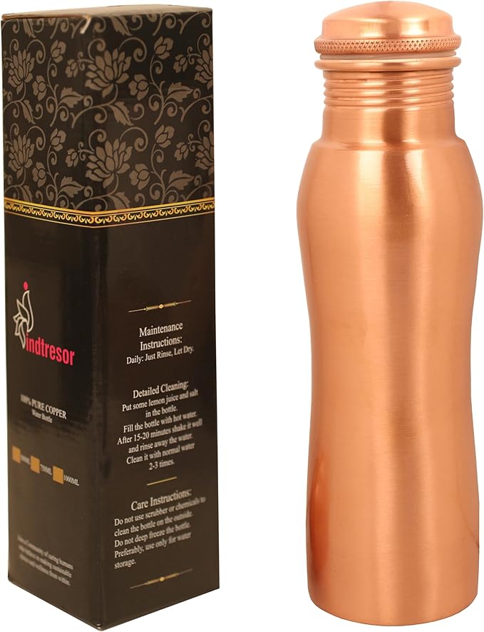 Pure Copper Water Bottle - Handcrafted - Ayurveda health benefits - Large 25.36 oz - Leak proof, Easy to carry for Sports, Fitness, Yoga, School - Natural Copper Finish
