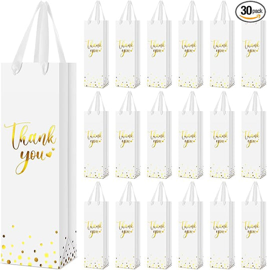 Ctosree 30 Pcs Wine Gift Bag for Wine Bottle Wedding Wine Thank You Gift Bag with Metallic Gold Foil Print Kraft Wine Paper Favor Bag with Attractive Rope Handle for Graduation Bottle(White)