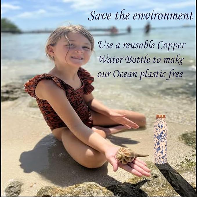 Pure Copper Water Bottle - Handcrafted - Ayurveda health benefits - Large 35 oz - Leak proof, Easy to carry for Sports, Fitness, Yoga, School- White Base Indigo Blue Floral Textured Enamel